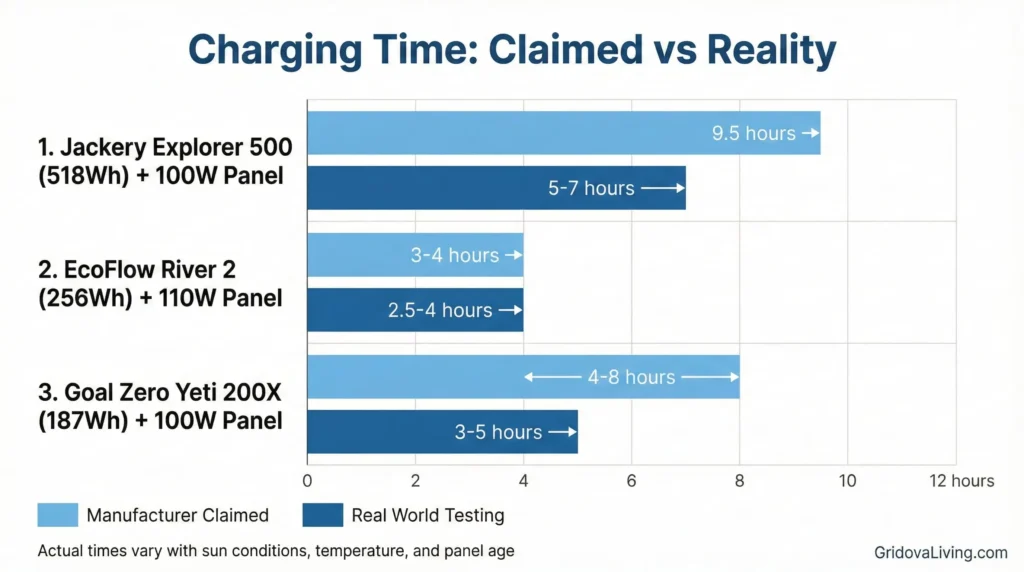 Bar chart comparing actual versus claimed charging times for different portable solar panels with power stations