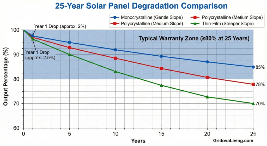 Line graph showing 25 year degradation curves for monocrystalline polycrystalline and thin film solar panels
