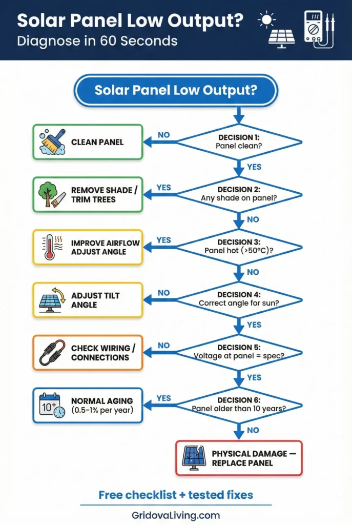 Flowchart for diagnosing solar panel low output with yes no steps including cleaning, shade removal, airflow, tilt adjustment, wiring checks, and panel replacement