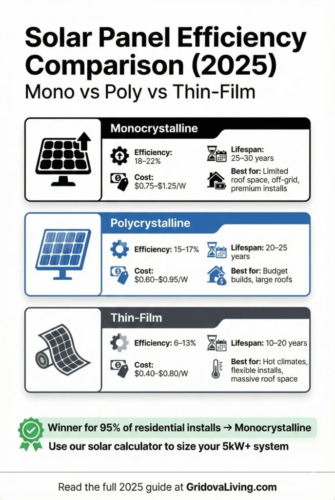 Vertical infographic comparing monocrystalline, polycrystalline, and thin-film solar panels with efficiency, cost per watt, lifespan, and best-use cases highlighted for each type.