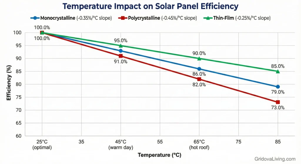 Graph showing solar panel efficiency loss at different temperatures comparing mono poly and thin film performance