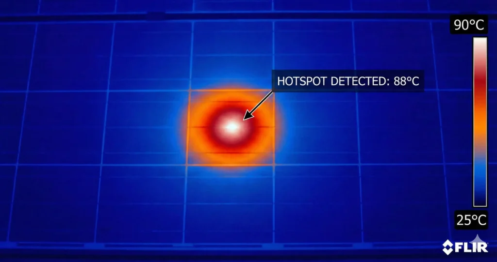 Thermal infrared image showing hotspot damage on solar panel cell with temperature differential