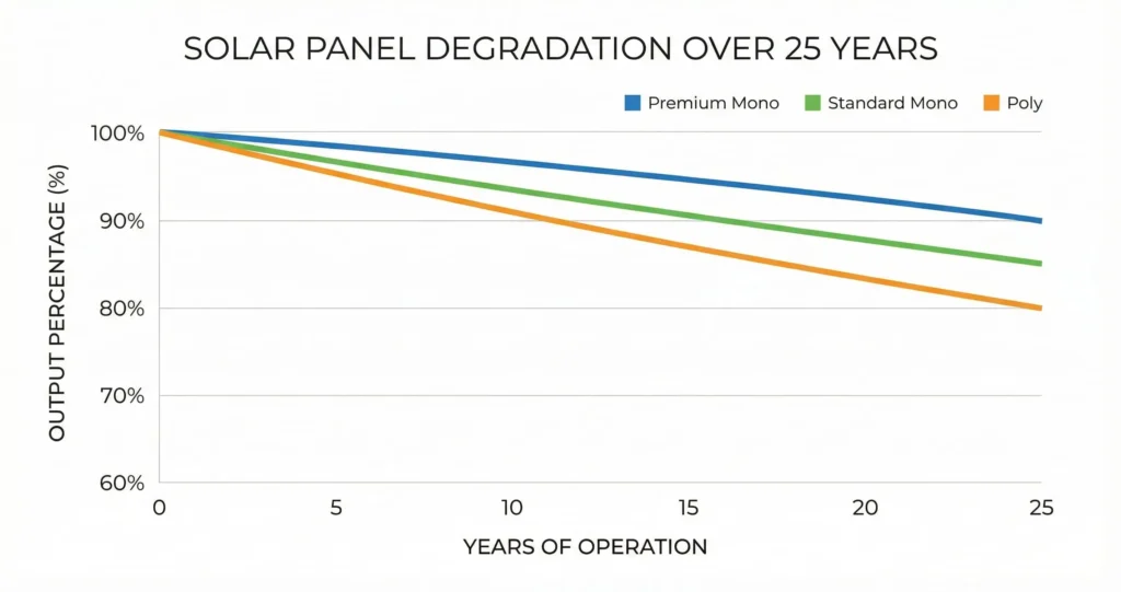 Graph showing solar panel degradation rates over 25 years comparing monocrystalline polycrystalline and thin film panels