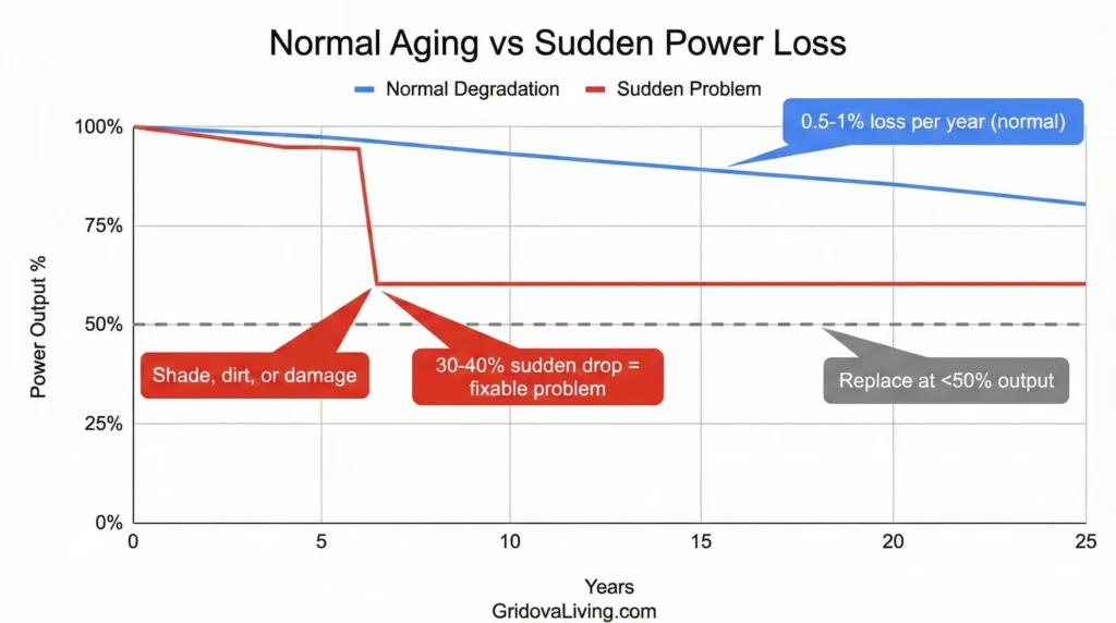 Line chart showing solar panel power output over time comparing normal degradation versus sudden drop with labeled causes