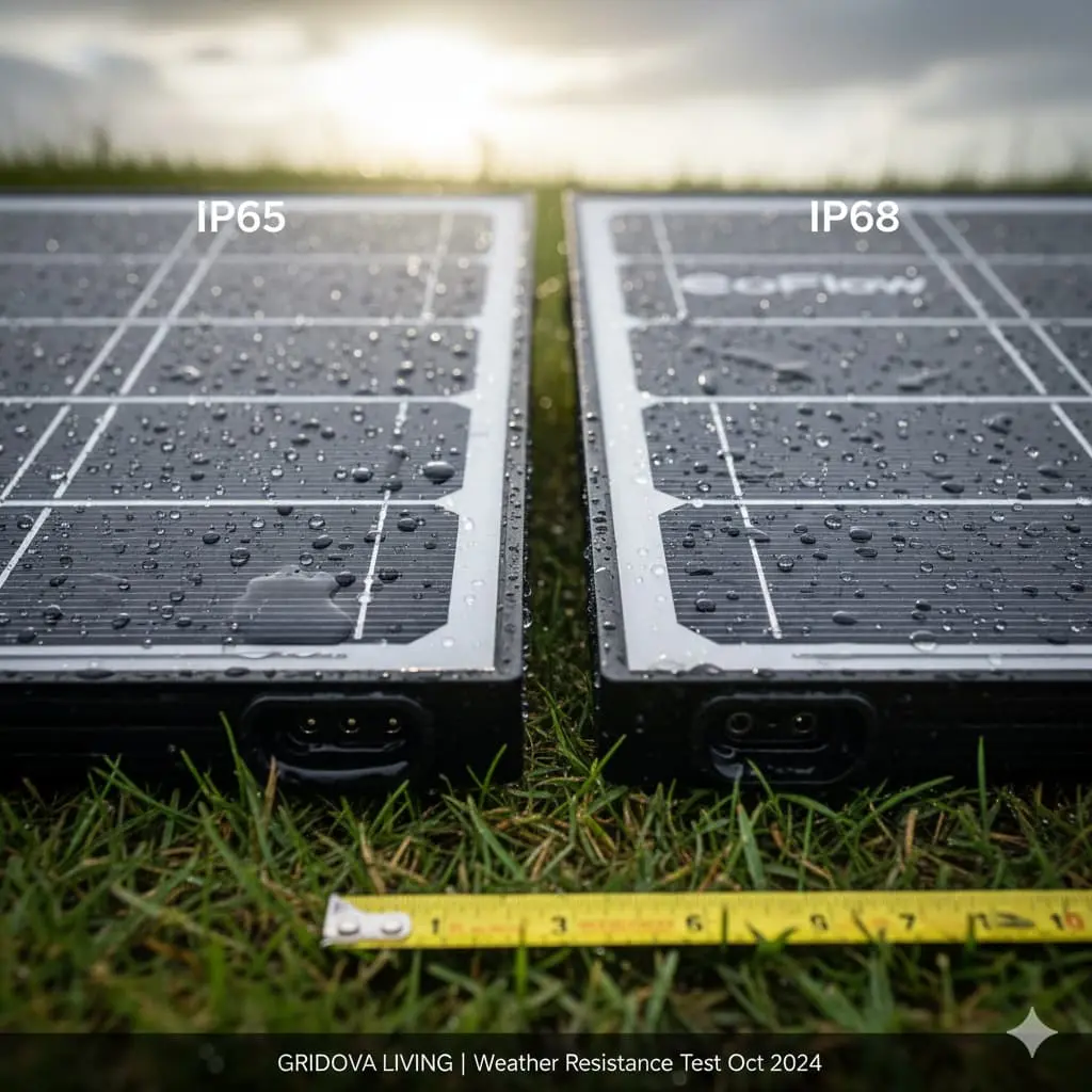 Side by side comparison of Jackery SolarSaga IP65 rated panel with water droplets on ports versus EcoFlow 110W IP68 panel completely wet after rain test showing waterproofing difference
