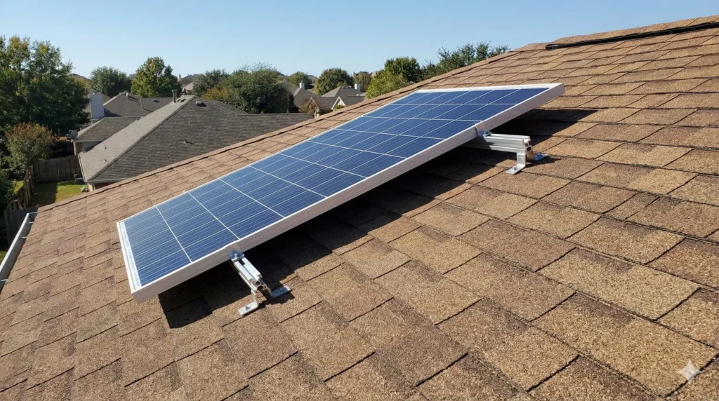 100W solar panel mounted on garage roof at 30 degree angle facing south with aluminum mounting brackets and proper clearance