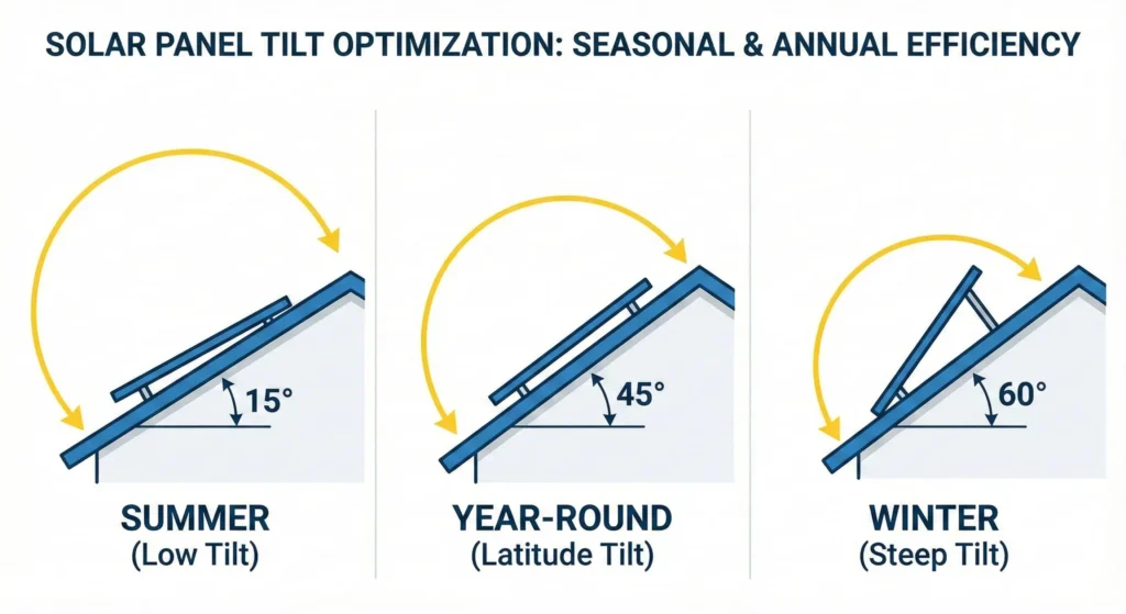 Technical diagram showing solar panel tilt angles for summer winter and year-round positions