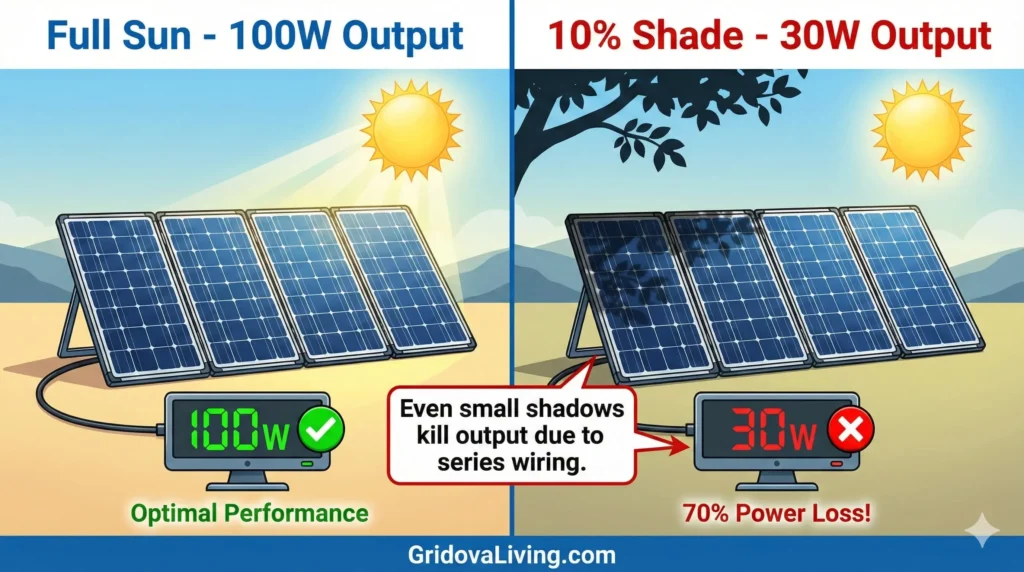 Side by side comparison showing portable solar panel output in full sun versus partial shade with power readings