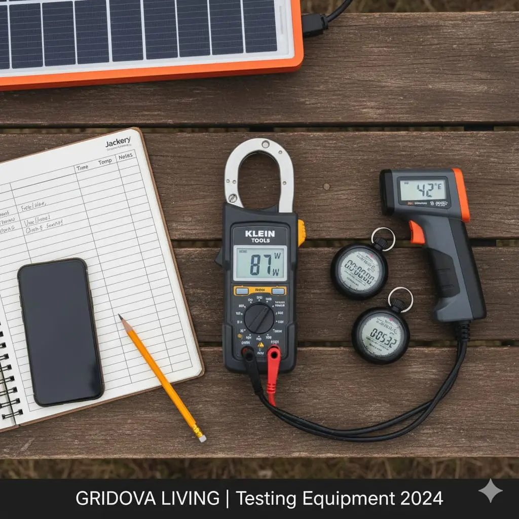 Solar panel testing equipment layout showing Klein Tools CL800 watt meter infrared thermometer digital stopwatch and field notebook with handwritten test data on camping table

