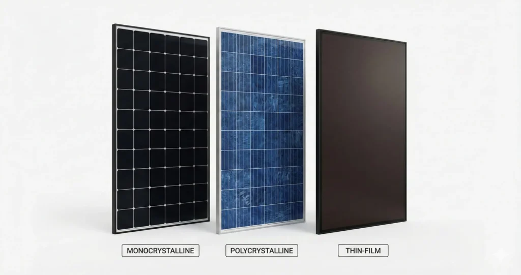 Side by side comparison of monocrystalline polycrystalline and thin film solar panel types showing cell structure differences