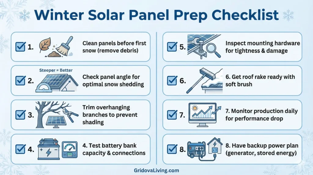 Checklist infographic for winter solar panel maintenance including snow removal angle adjustment and system monitoring 