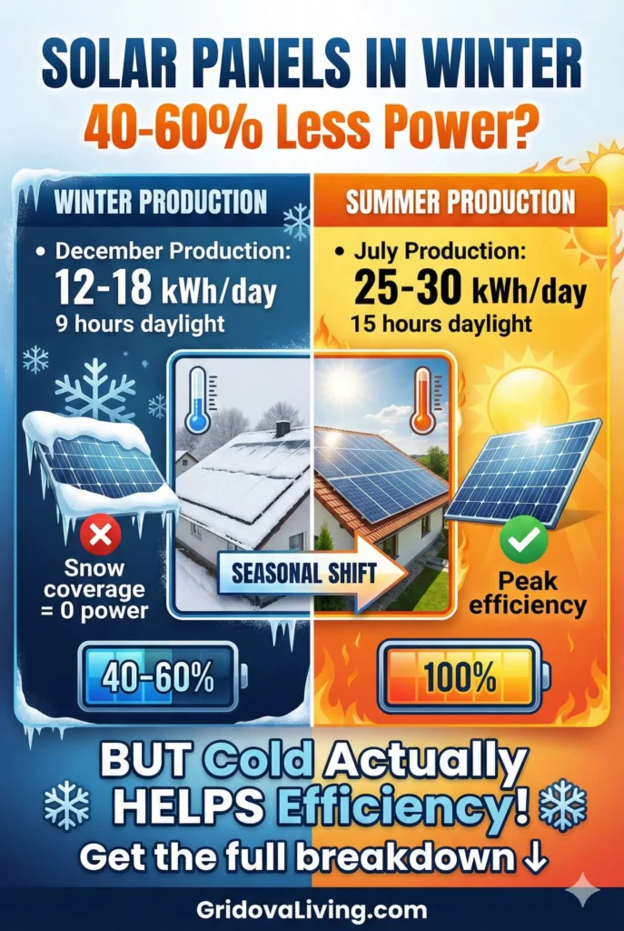 Pinterest infographic comparing solar panel energy production in winter versus summer showing 40 to 60 percent reduction in December with 12 to 18 kWh per day compared to July peak of 25 to 30 kWh per day