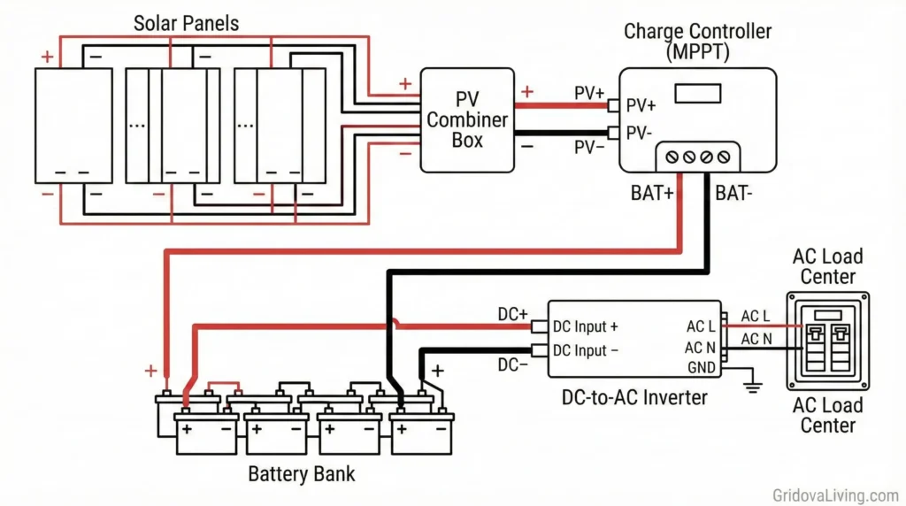 Wiring diagram for traditional solar kit showing connections between panels controller battery and inverter