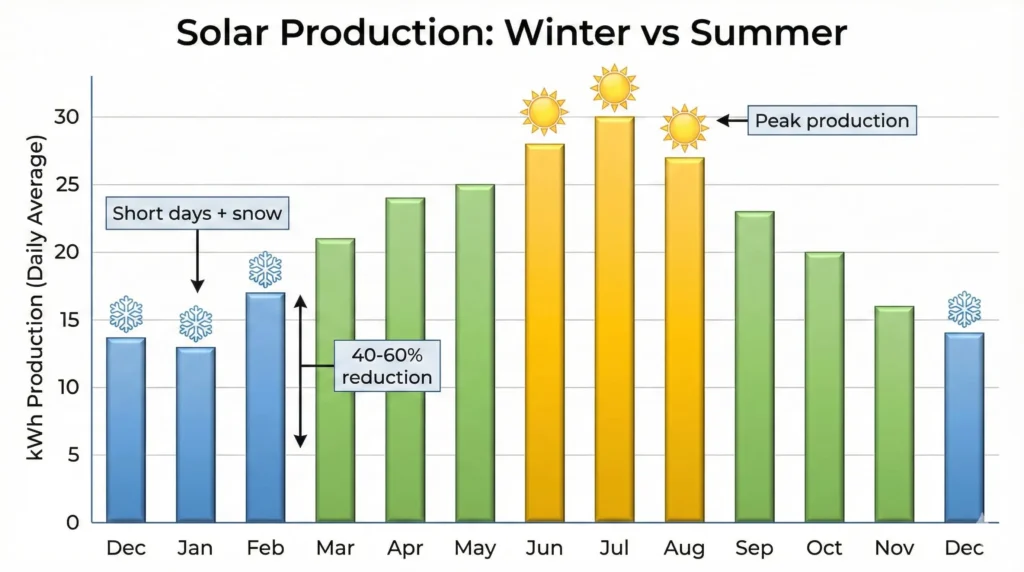 Bar chart comparing solar panel energy production in winter versus summer months showing seasonal output differences 