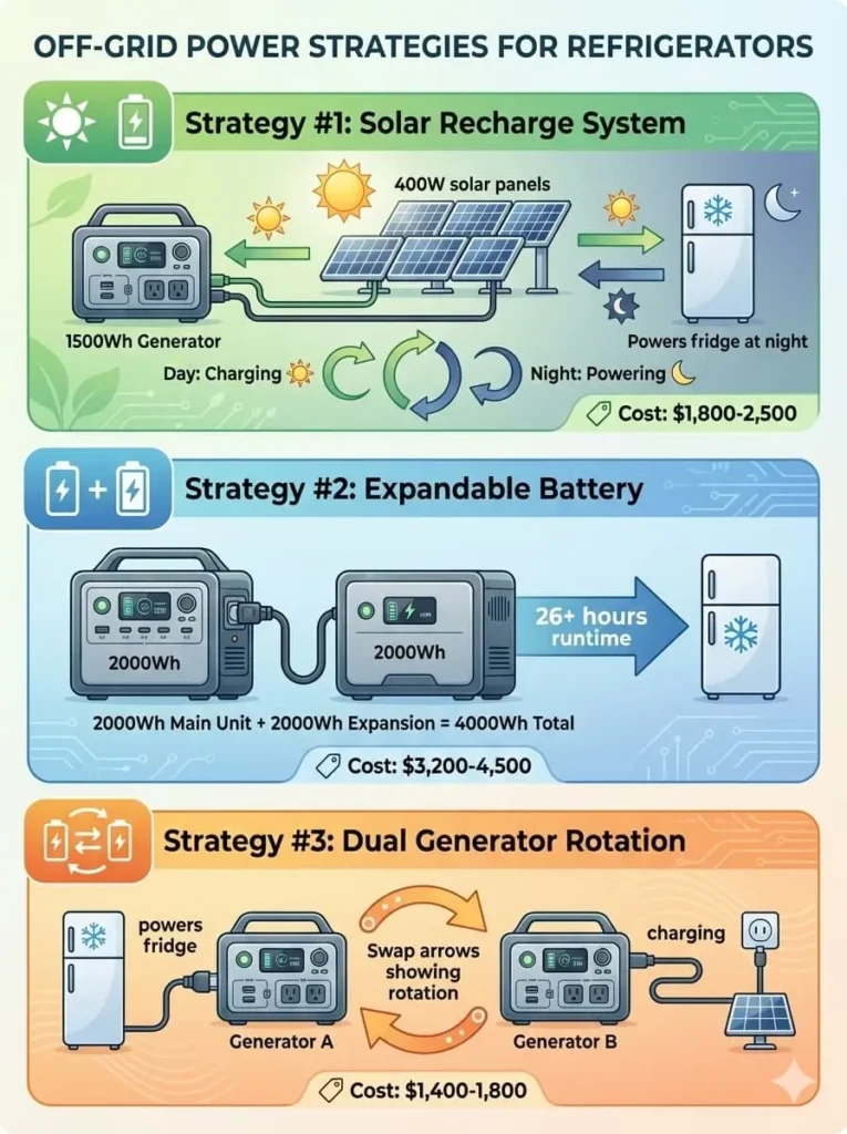 Three strategies for running refrigerator 24/7 with solar generators including solar recharge expandable battery and dual rotation systems
