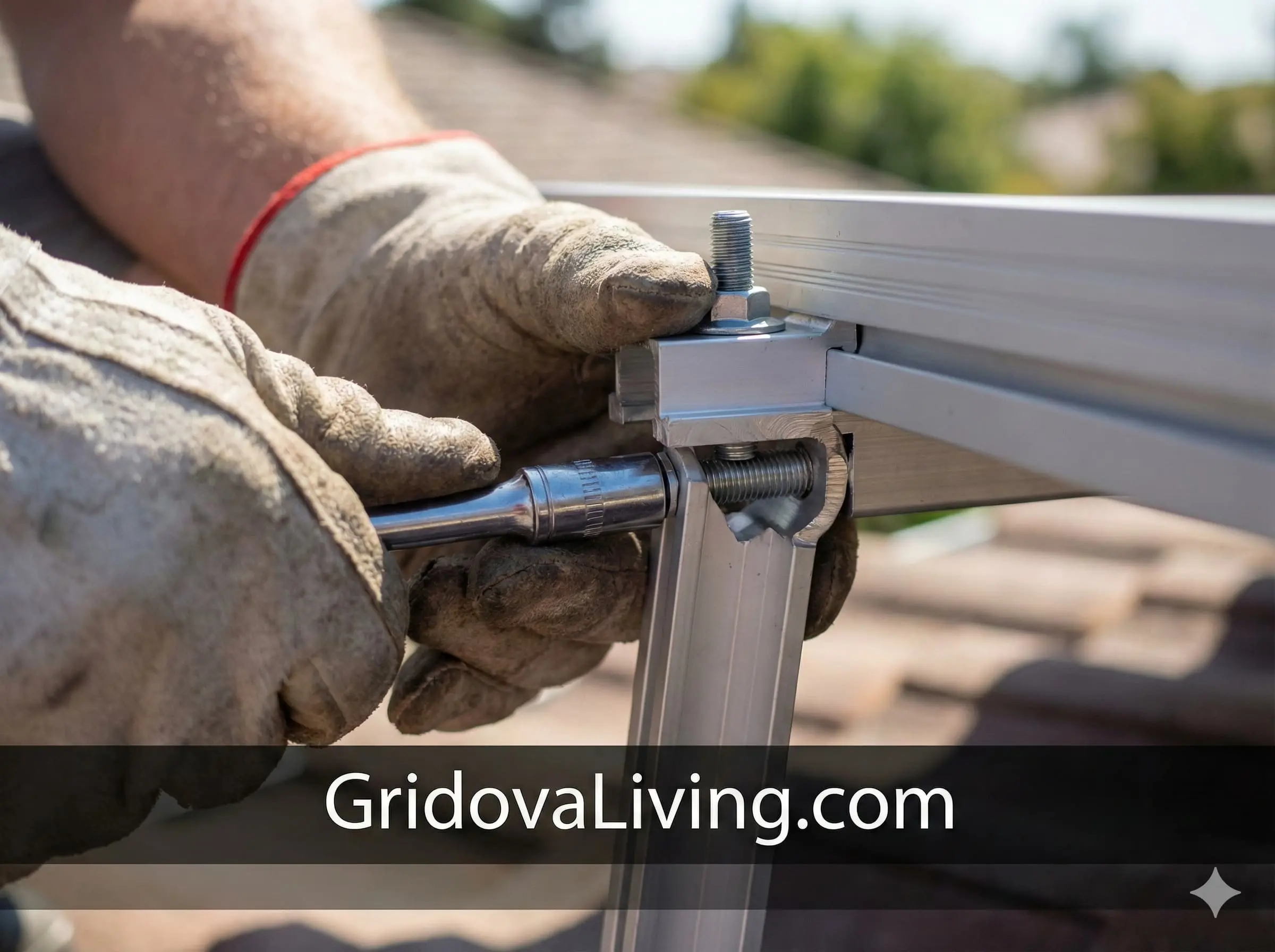 Close-up of hands using wrench to adjust solar panel mounting bolts for optimal tilt angle installation