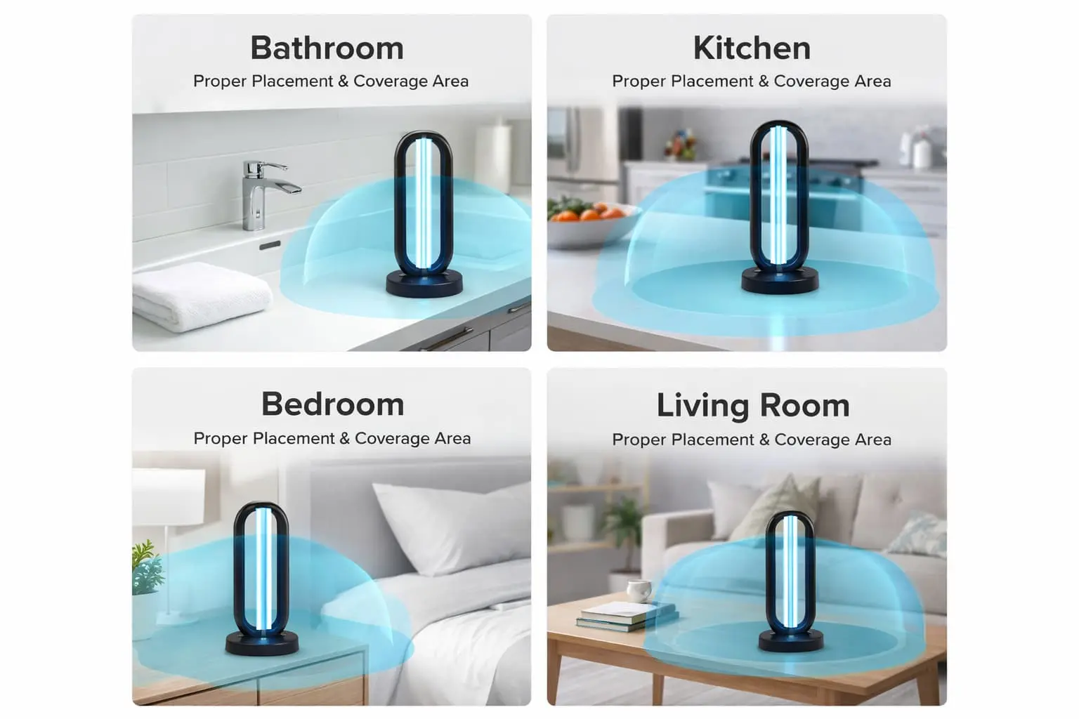 Room by room sanitization guide showing ClairLite UV-C use in bathroom kitchen bedroom and living areas for complete home disinfection