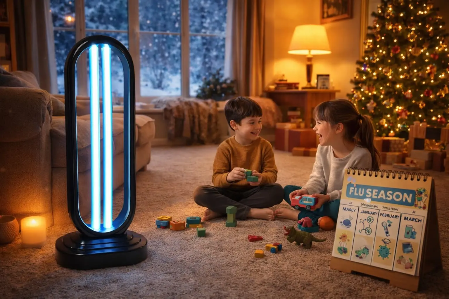 ClairLite UV-C sanitizer seasonal use for cold and flu prevention showing family protected during winter illness season