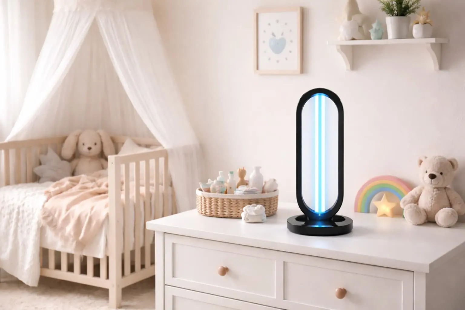 ClairLite UV-C sanitizer in baby nursery room providing safe chemical-free disinfection for infant health and allergy prevention"