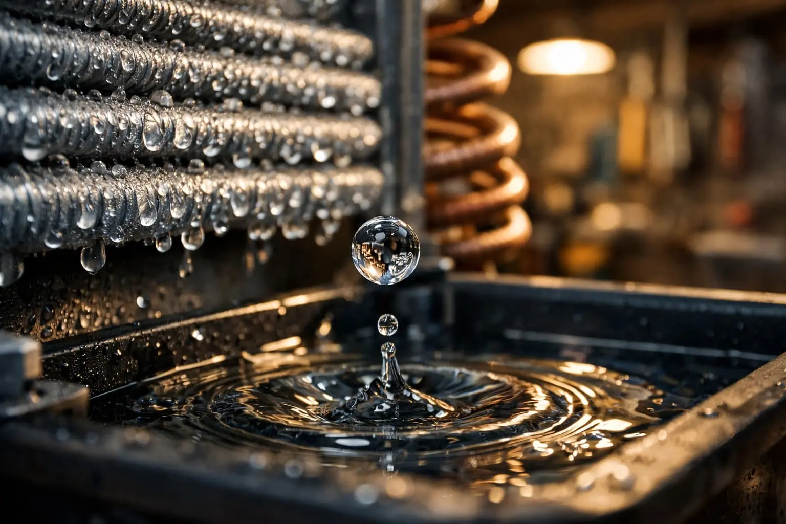 First drop of fresh water from DIY atmospheric water generator showing successful homemade build