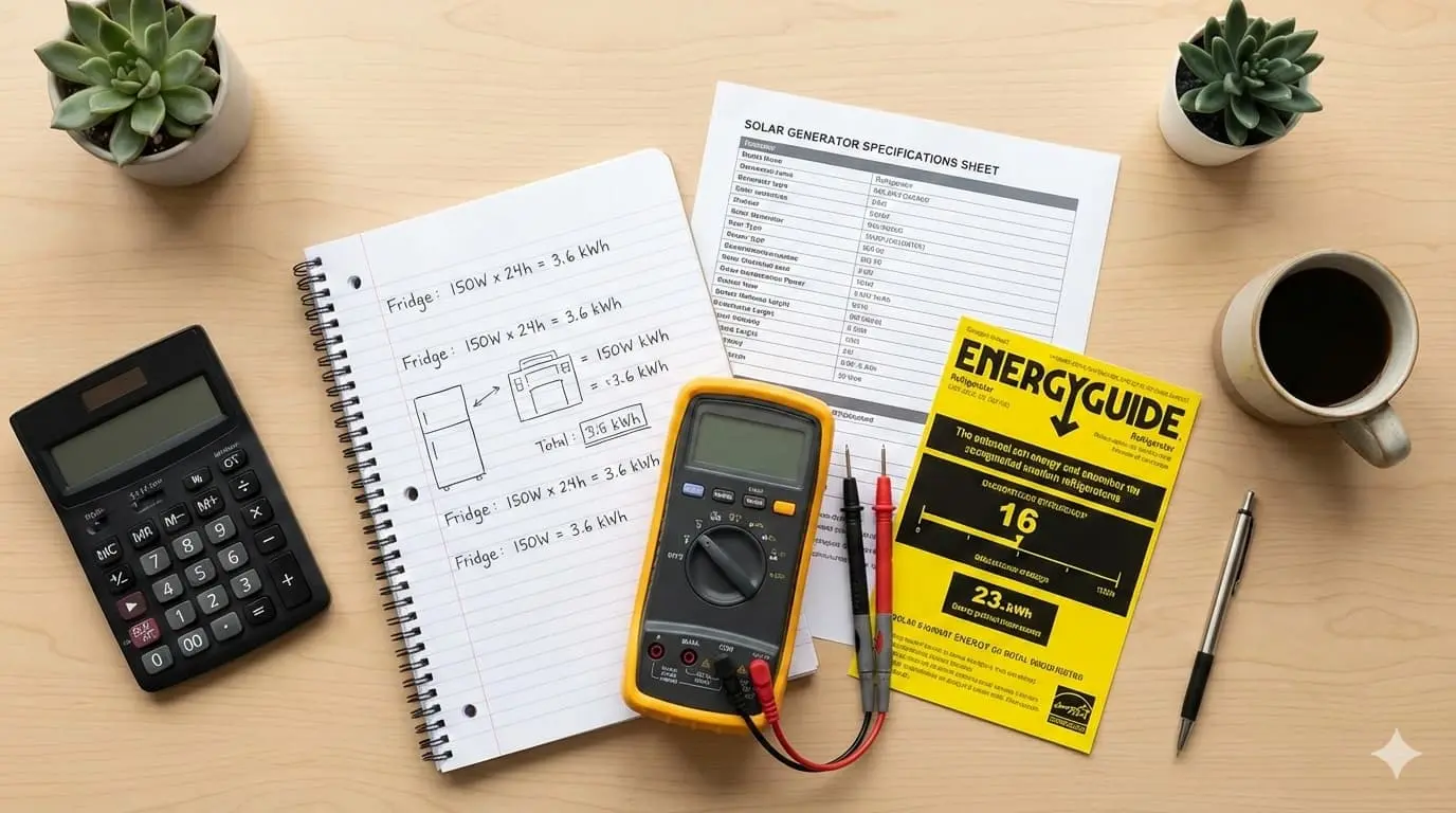 Refrigerator runtime calculation planning workspace with calculator notepad and solar generator specifications