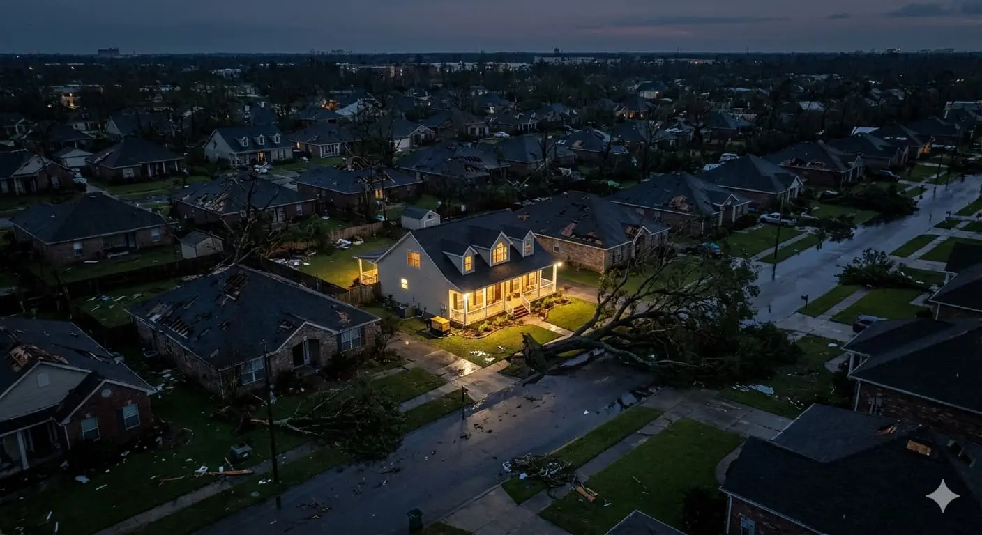 Hurricane aftermath showing neighborhood in darkness with one house lit by Jackery power station