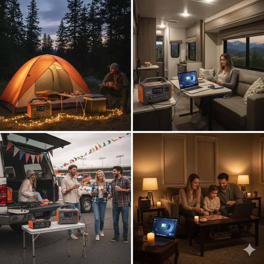 Multiple Jackery usage scenarios including camping, RV travel, tailgating, and emergency home backup power