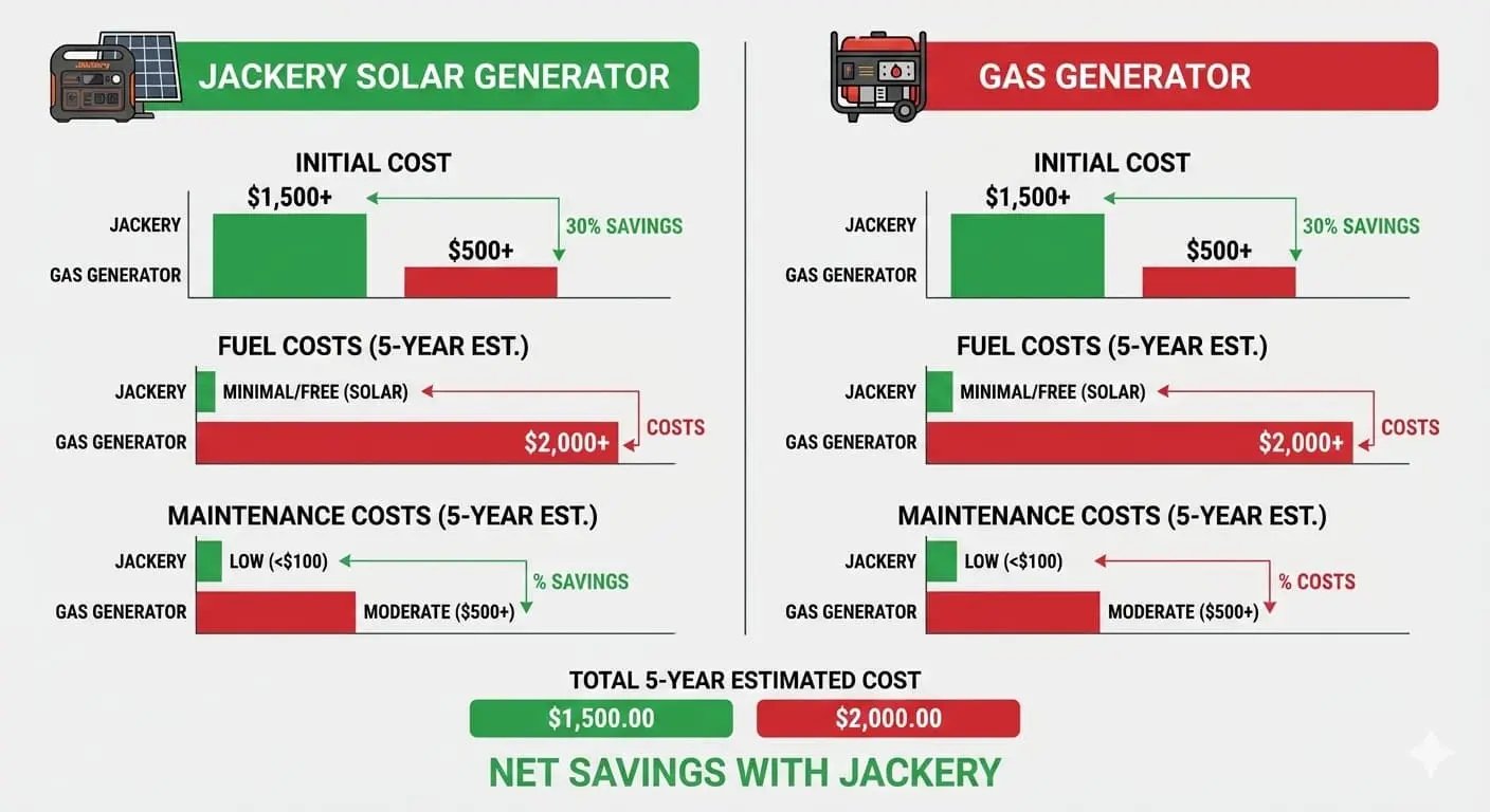 Cost comparison chart showing Jackery versus gas generator expenses over 5 years including fuel and maintenance