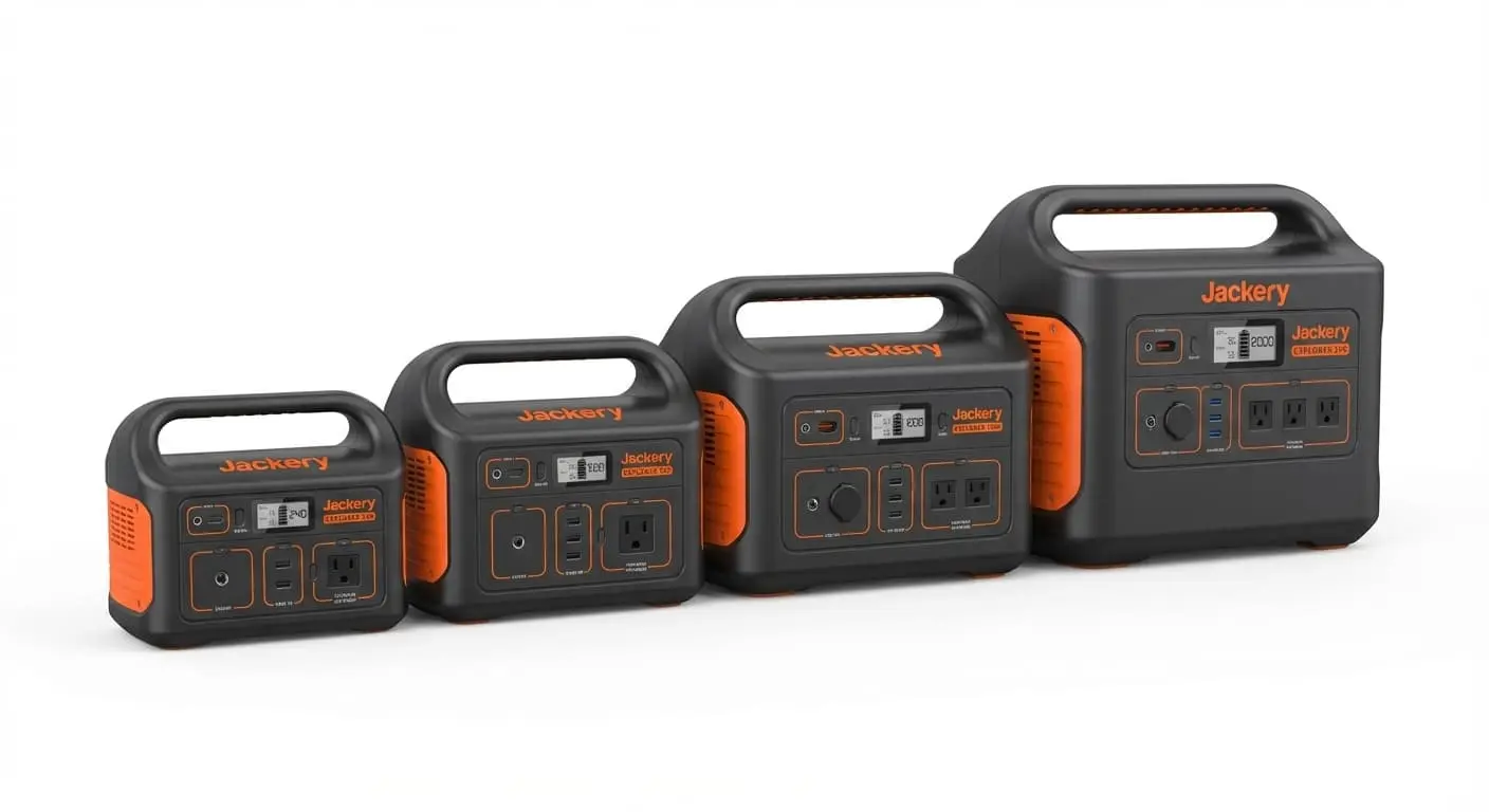 Jackery Explorer portable power station model lineup comparison showing 240, 500, 1000, and 2000 models