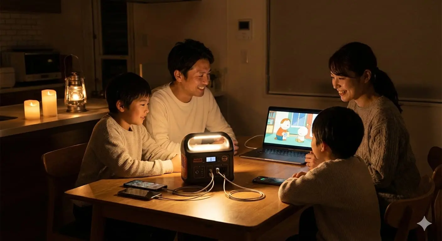 Family safely using Jackery power station during power outage showing peace of mind and emergency preparedness
