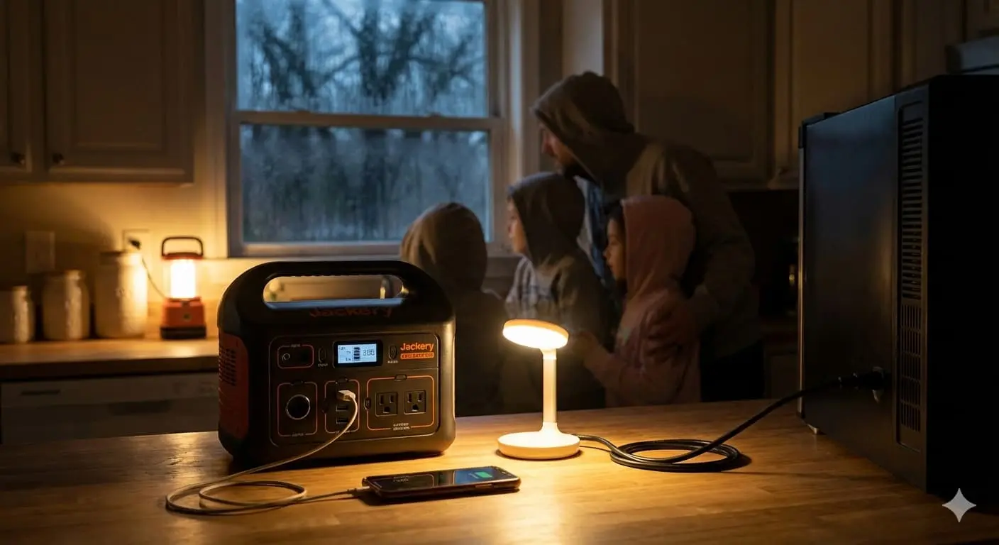 Jackery portable power station providing emergency backup power during hurricane blackout powering essential devices