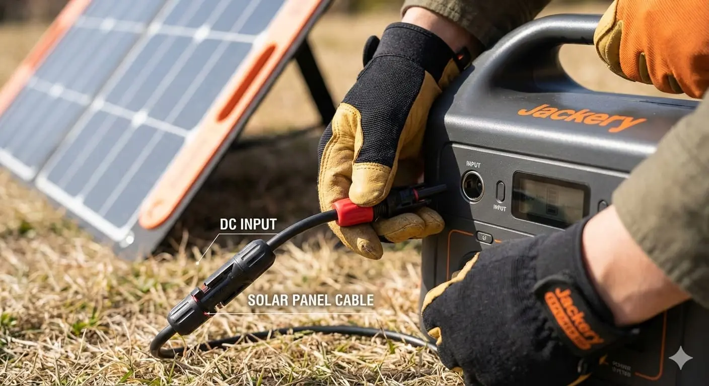 Jackery Explorer power station connected to solar panels showing complete off-grid charging setup with cables
