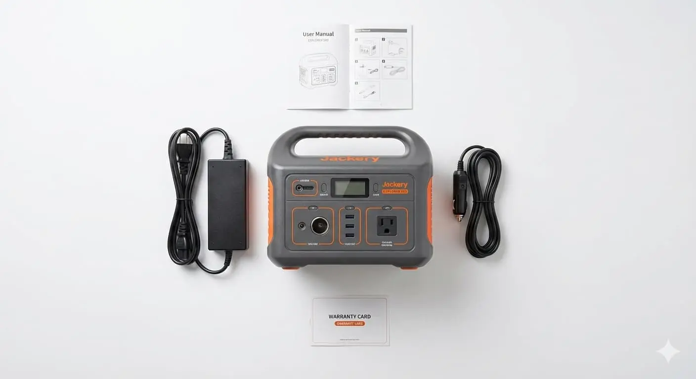 Jackery Explorer 500 unboxing and setup guide showing all included components and first-time setup instructions