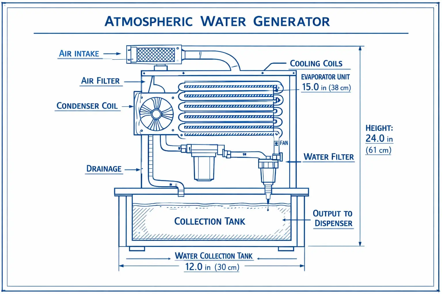 Detailed blueprint schematic showing DIY atmospheric water generator components and assembly instructions