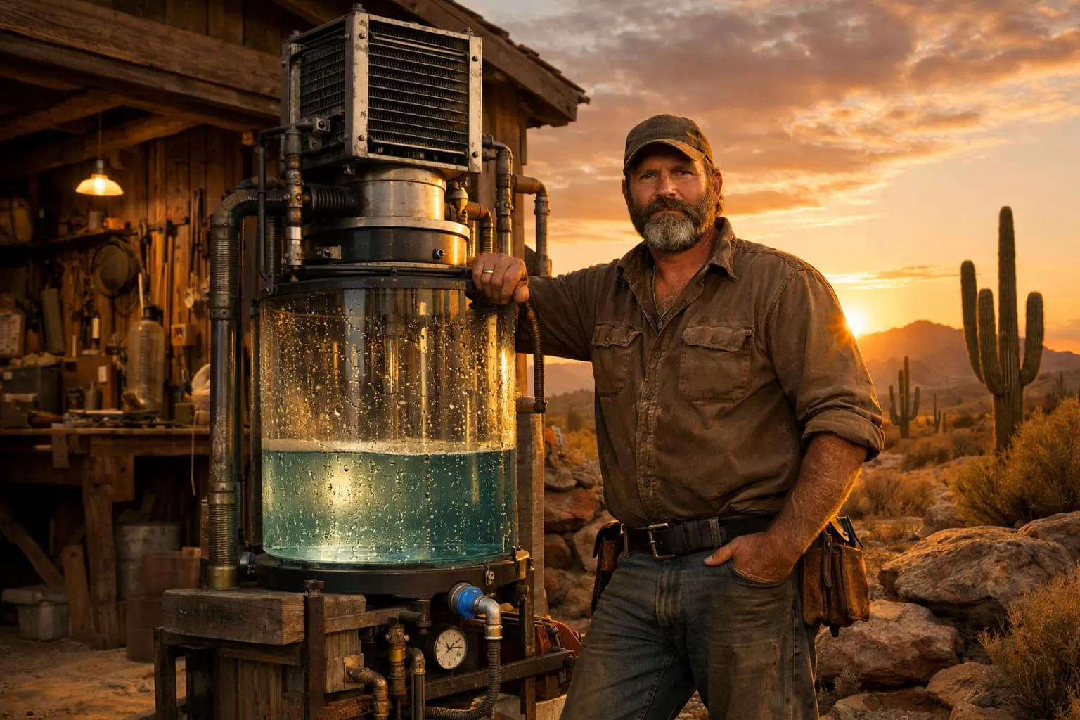 Man with DIY atmospheric water generator built from Joseph's Well plans in Arizona desert, demonstrating off-grid water independence