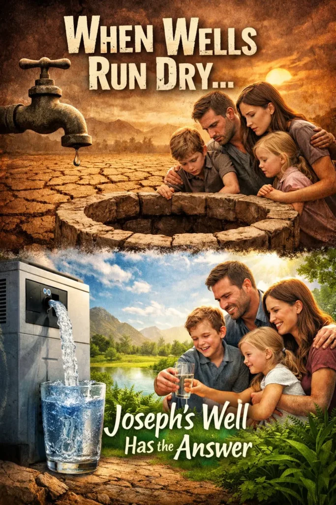 Pinterest pin showing drought crisis problem and Joseph's Well DIY atmospheric water generator solution