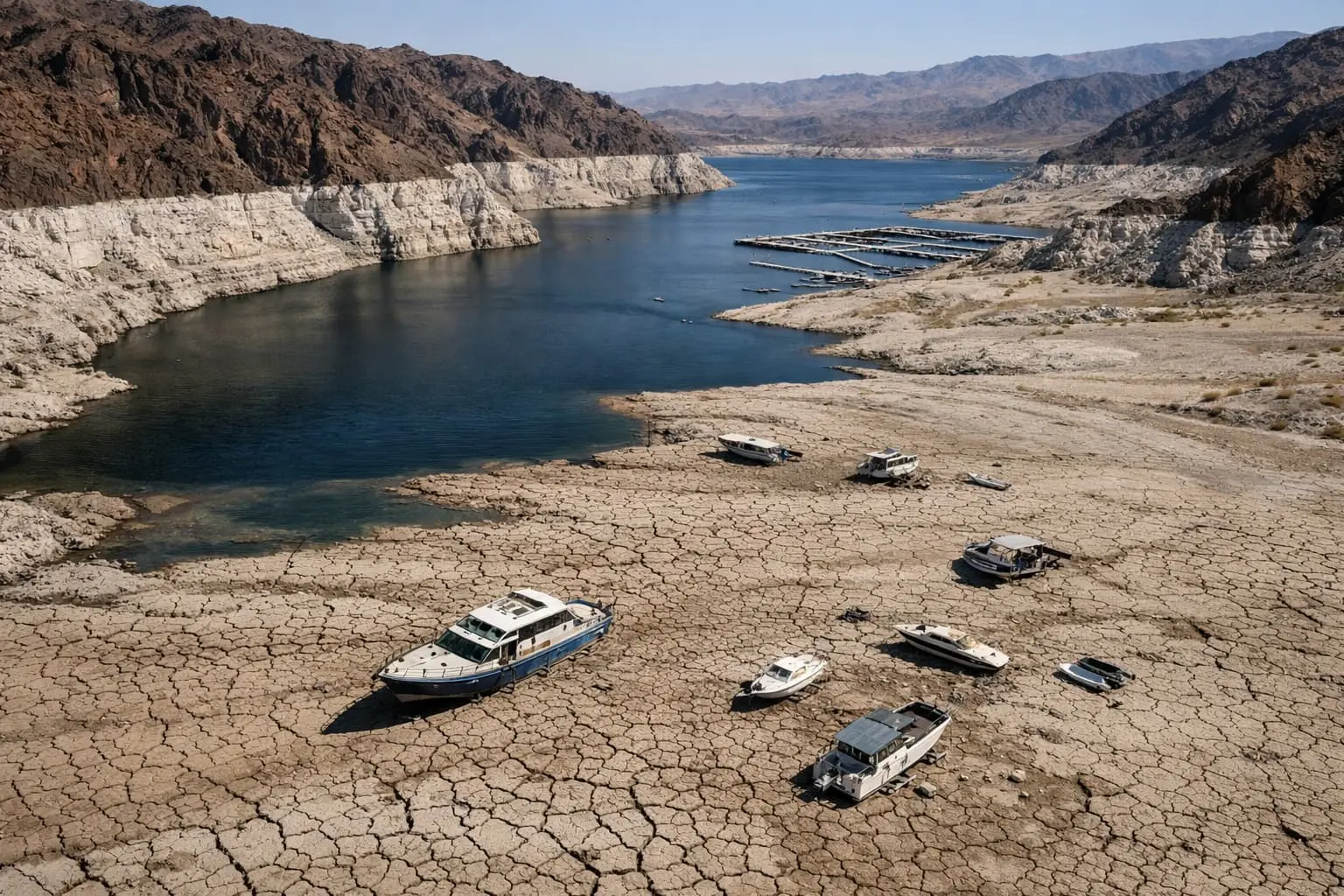 Lake Mead drought crisis aerial view showing dried reservoir and water scarcity emergency