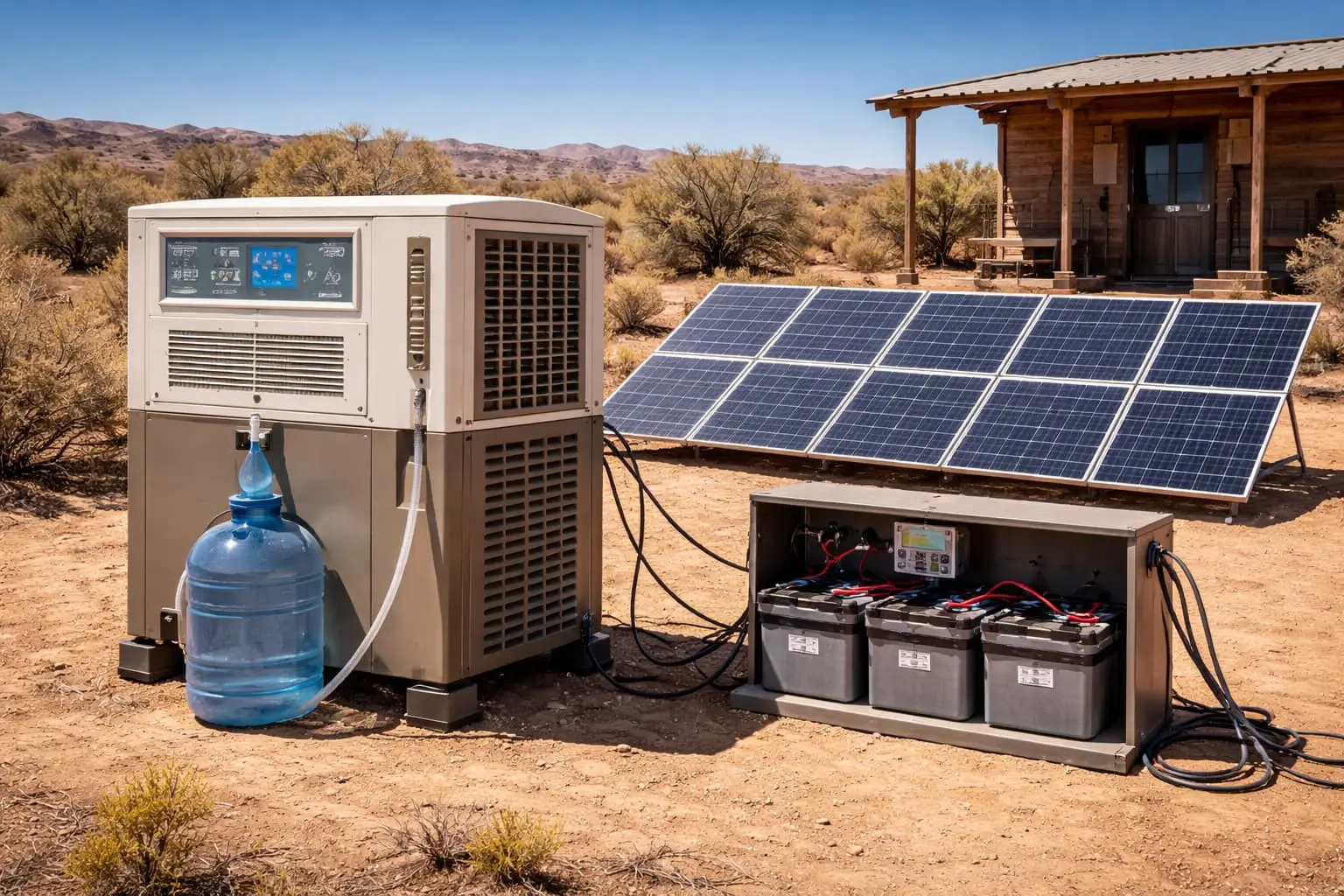 Off-grid solar powered atmospheric water generator system showing complete DIY independence setup