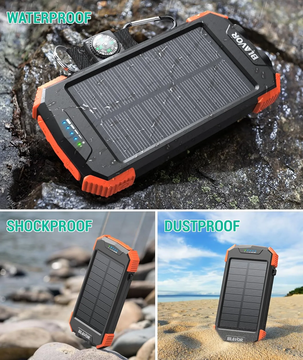olar power bank showing dual USB charging ports, LED battery indicators, and built-in flashlight for emergency use