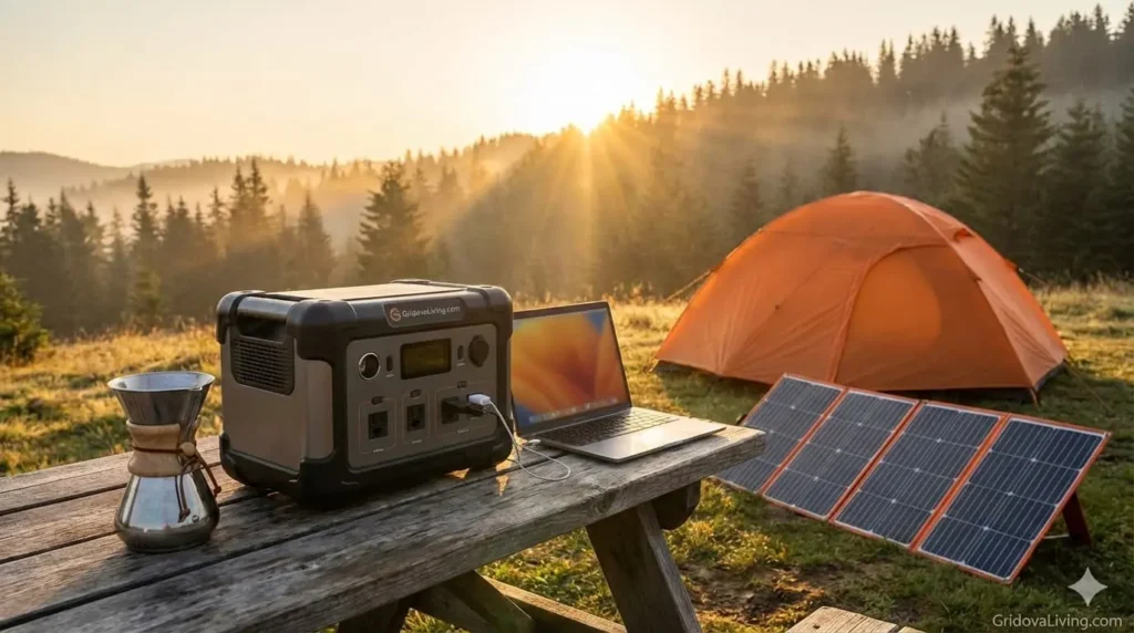 Portable solar generator powering camping equipment including coffee maker and laptop at sunrise campsite with solar panels