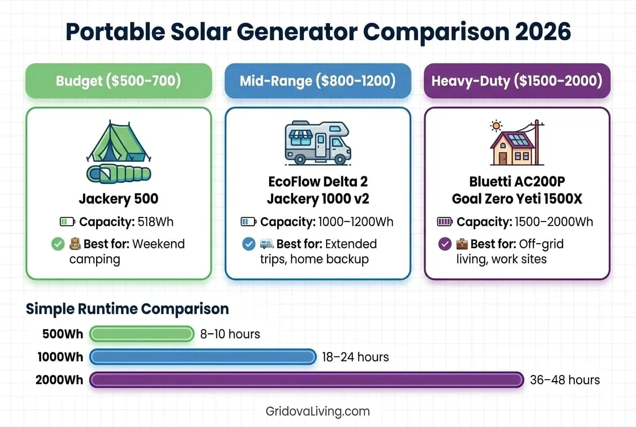 Comparison chart showing portable solar generator capacity tiers from budget to heavy-duty with runtime estimates