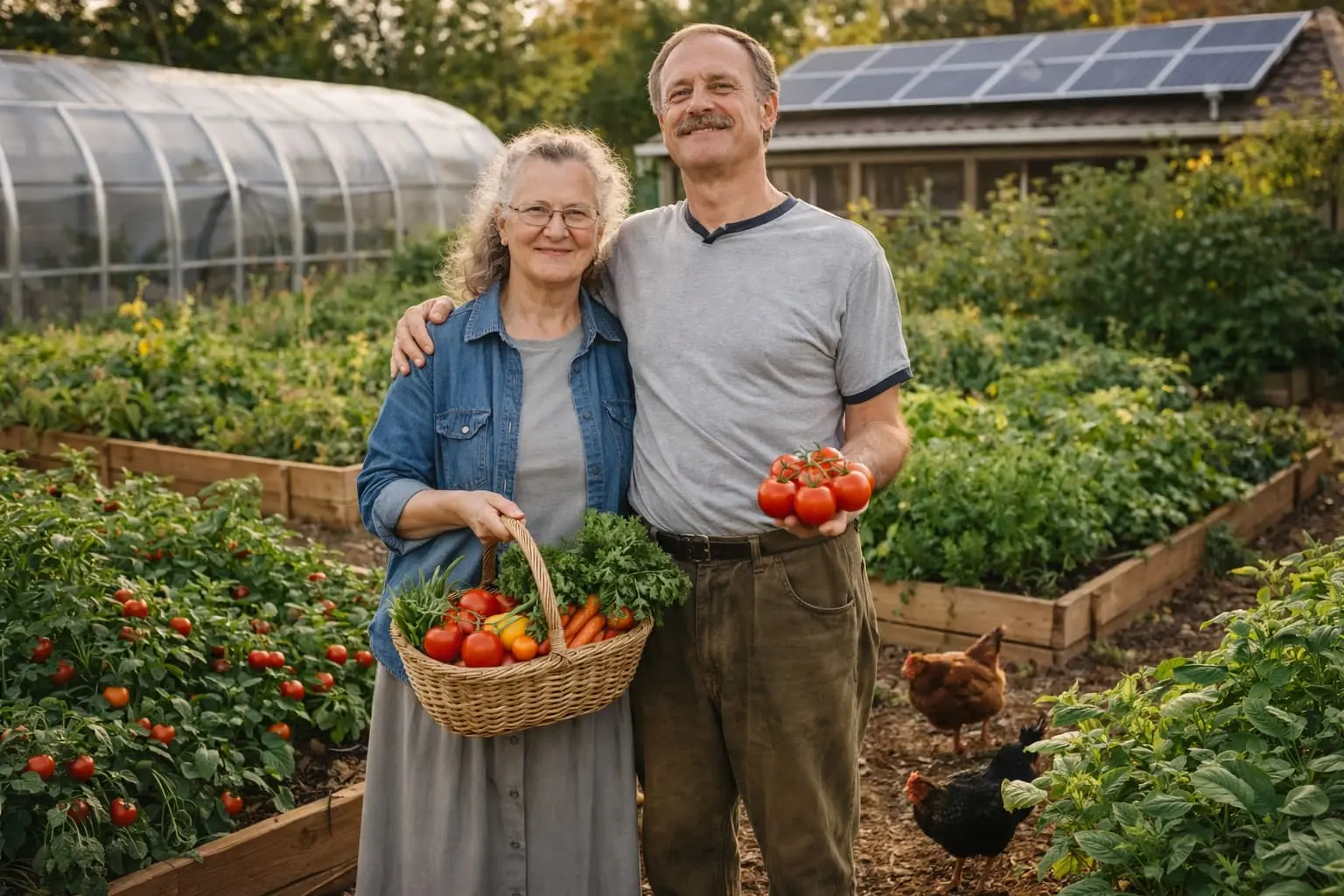 Ron and Johanna standing in their self-sufficient backyard garden with raised beds and greenhouse