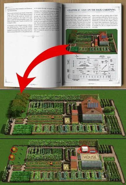 The Self-Sufficient Backyard book opened showing detailed illustrations and step-by-step homesteading instructions