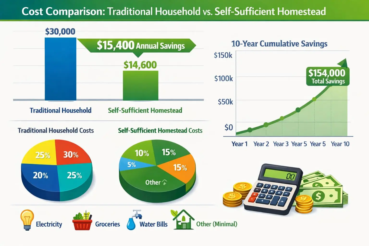 Cost comparison chart showing savings from implementing The Self-Sufficient Backyard systems over 10 years