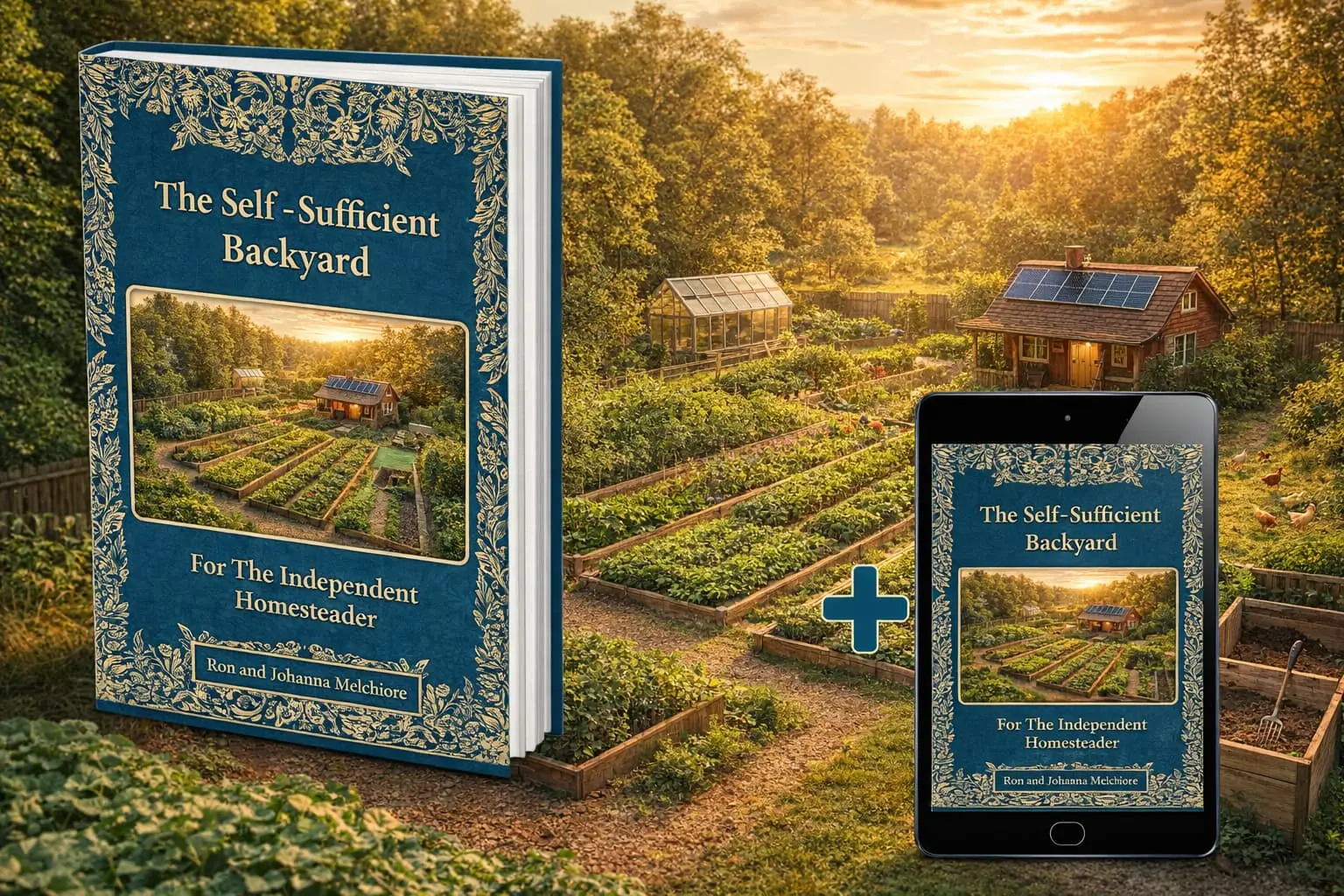 The Self-Sufficient Backyard book showing couple's off-grid homestead with gardens, greenhouse, and solar panels