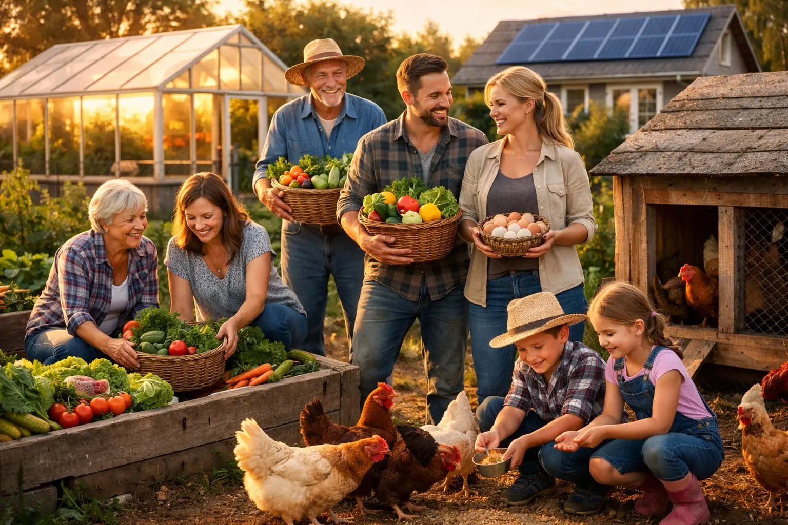 Family enjoying their self-sufficient backyard with fresh vegetables, chickens, and greenhouse showing complete independence