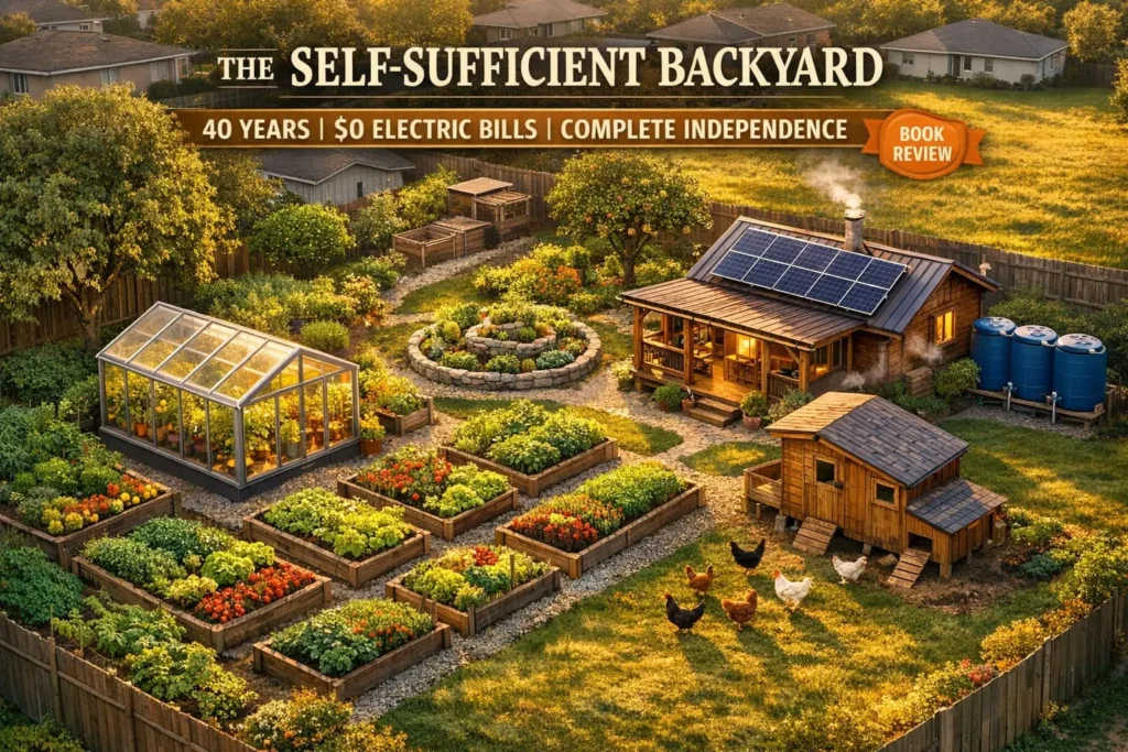Complete self-sufficient backyard homestead showing quarter-acre property with greenhouse, solar panels, raised garden beds, chicken coop, and rainwater collection system - The Self-Sufficient Backyard book review