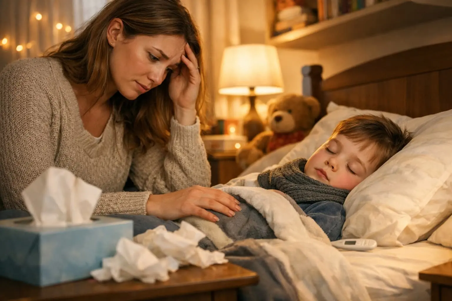 Sick child at home with mother worried about germs and constant illness showing need for effective home sanitization