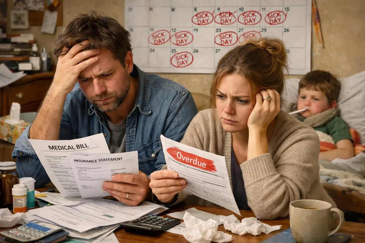 Sick child missing school with family stressed from constant illness and medical bills highlighting cost of inadequate home sanitization