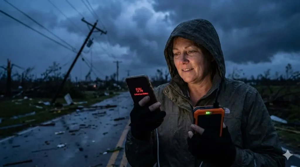 Woman with low battery phone holding SOS Solar Charger during emergency power outage after severe storm with damaged power lines showing critical need for backup solar charging solution